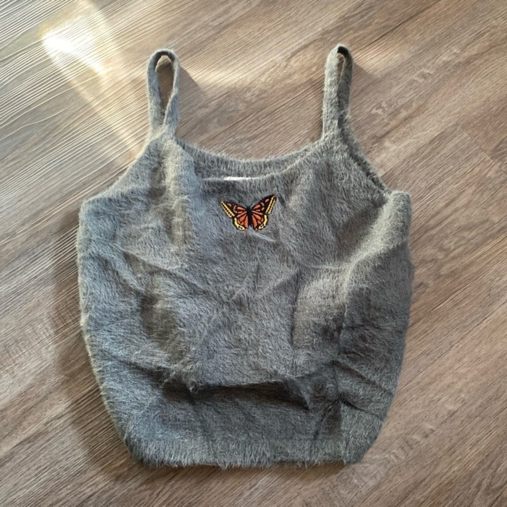 Gray Fuzzy Tank Top with Butterfly Patch
